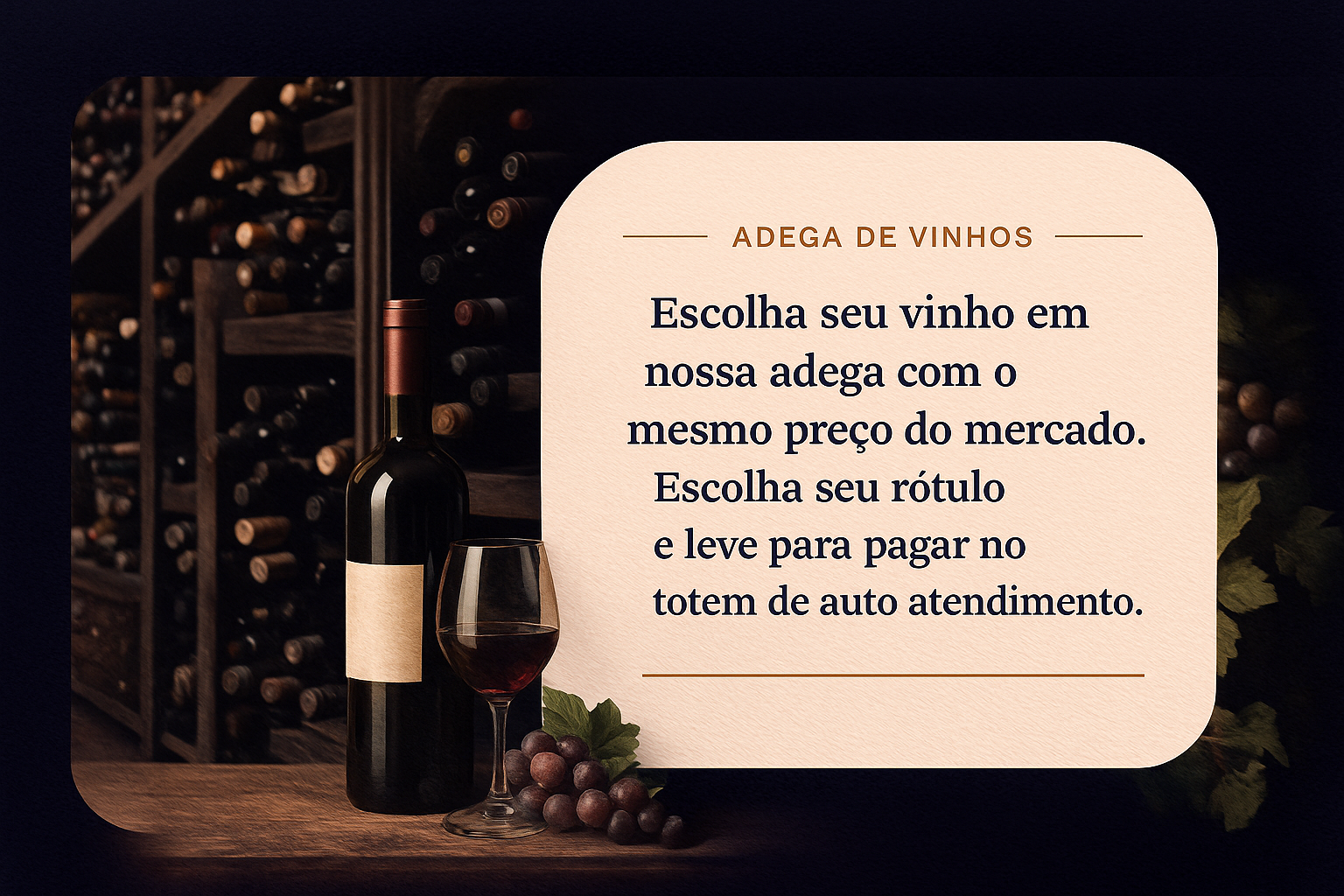 Adega de vinhos: escolha seu vinho com preço de mercado e pague no totem de autoatendimento.